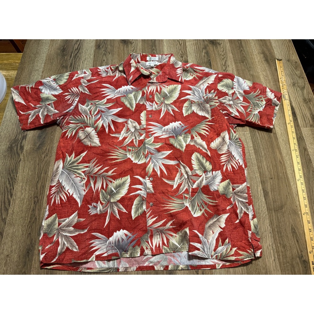 Pierre Cardin Shirt Mens XL Tall Red Grey Green Hawaiian Short Sleeve Button Up